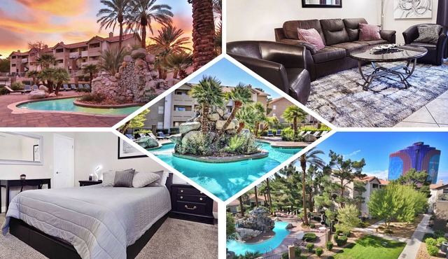 Upgraded Tropical Oasis! Heated Pool, Spa & Gym, Walk to Strip!